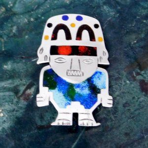 SOLD----Vintage Peruvian Brooch Pin Incan god 925 Sterling Silver Enamel Inlay